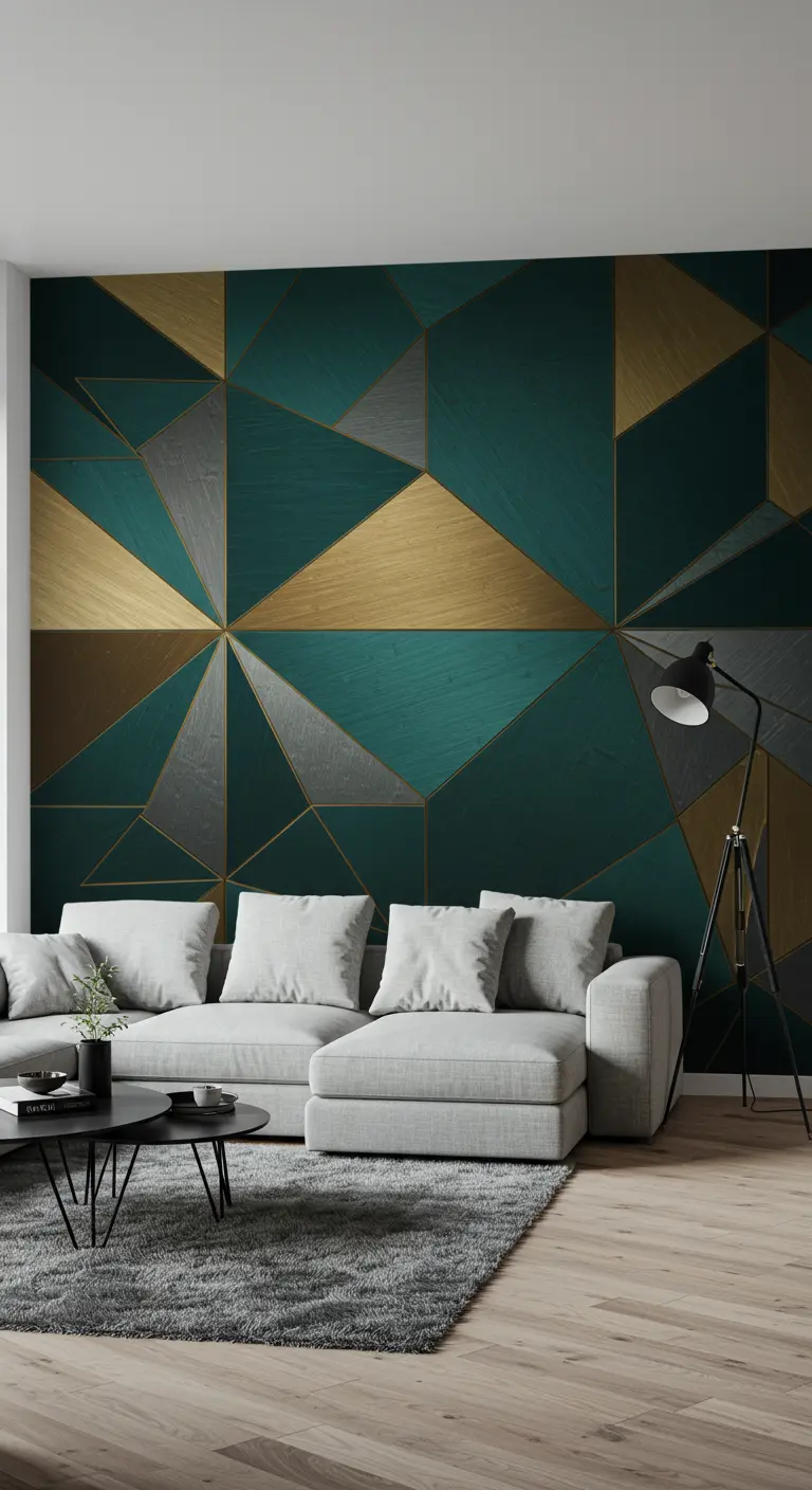 Mur d'accent avec motif géométrique vert, or et gris derrière un canapé clair.