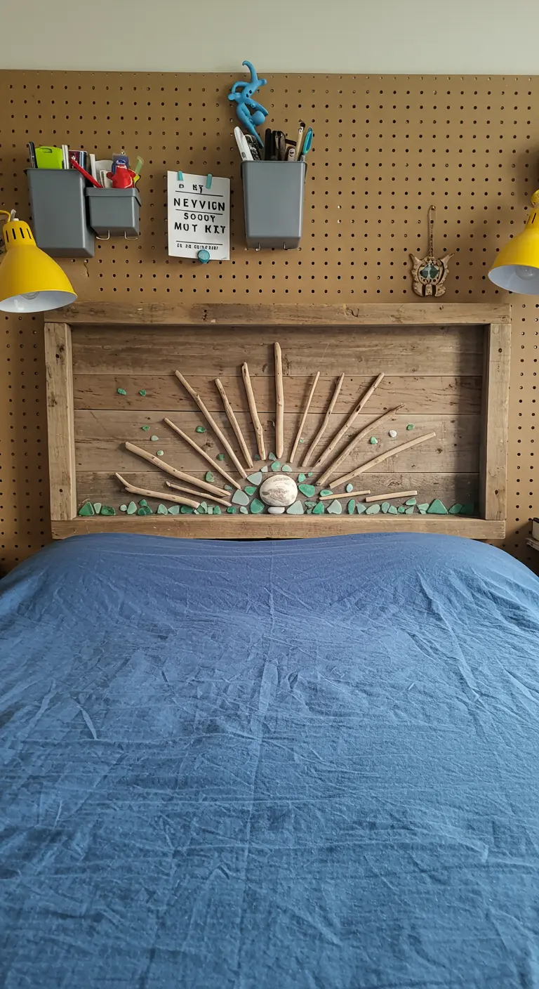 Tête de lit DIY dans un cadre en bois, avec un soleil en bois flotté et verre de mer.