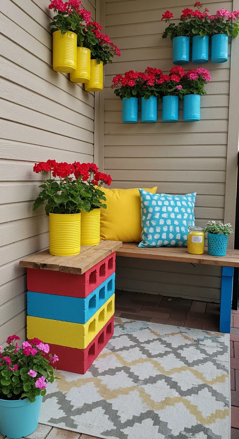 Banc DIY fait de parpaings colorés et d'une planche en bois.