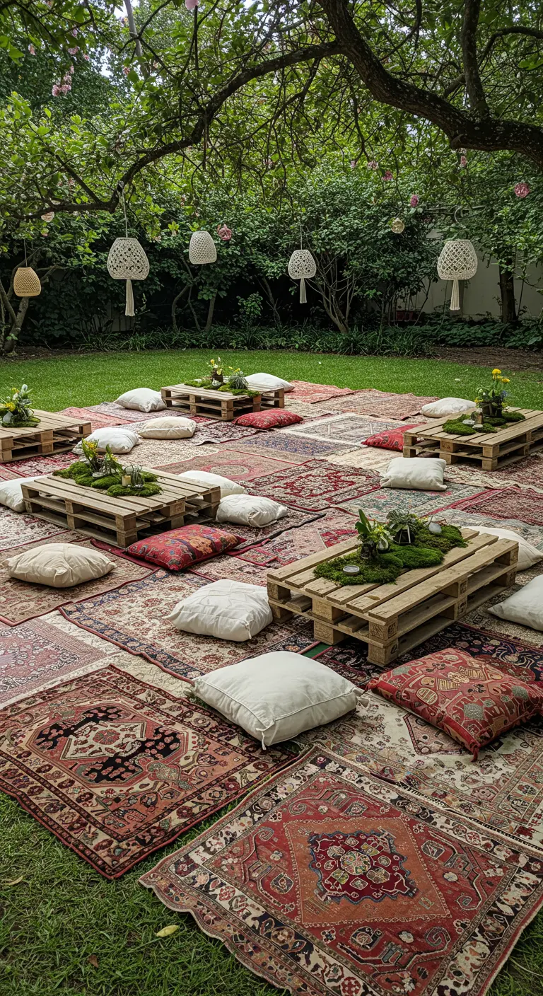 Grand espace de pique-nique dans un jardin, sol couvert de tapis et tables en palette.