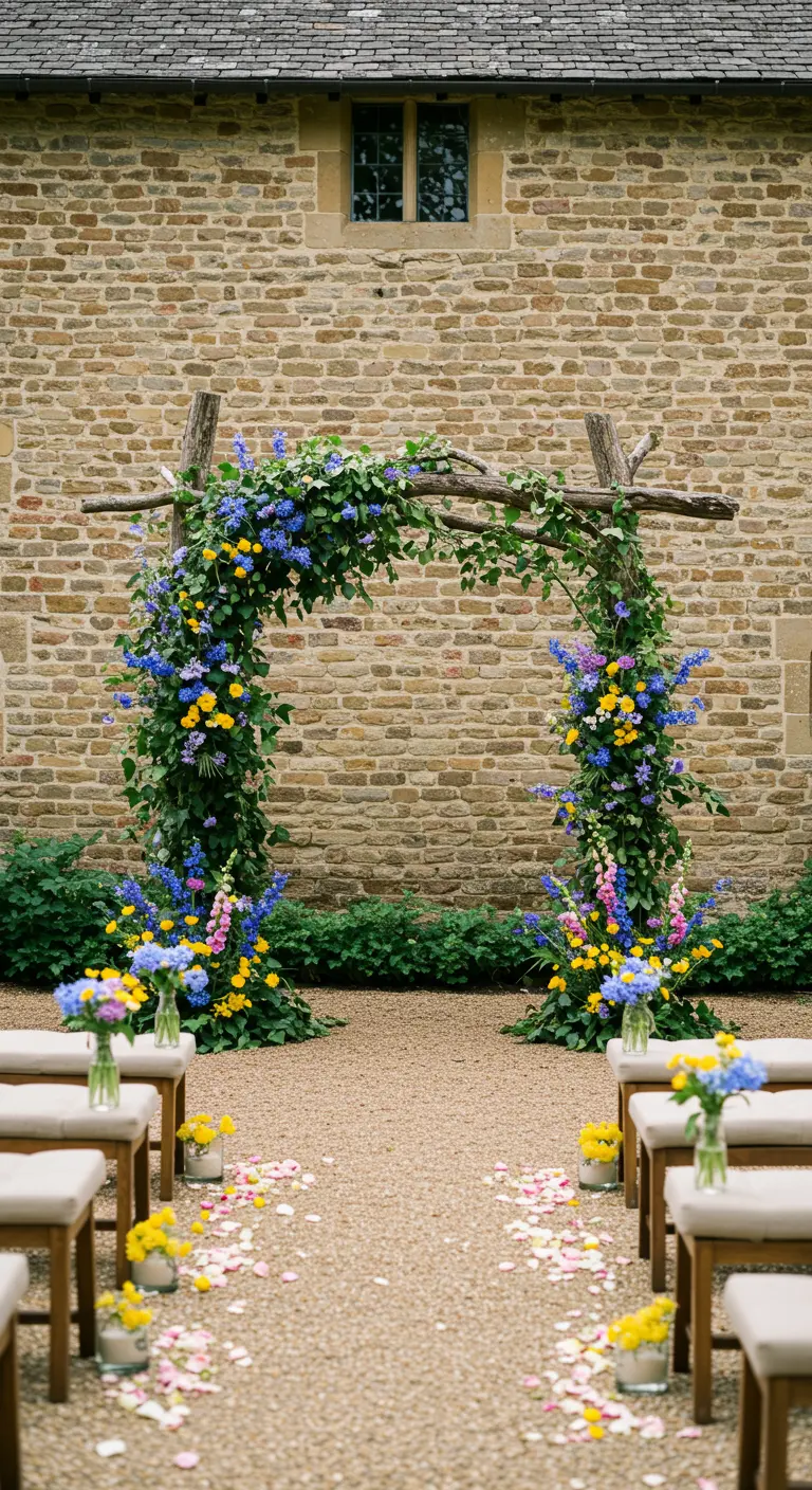 Arche de mariage rustique en bois avec des fleurs bleues, jaunes et roses vives.
