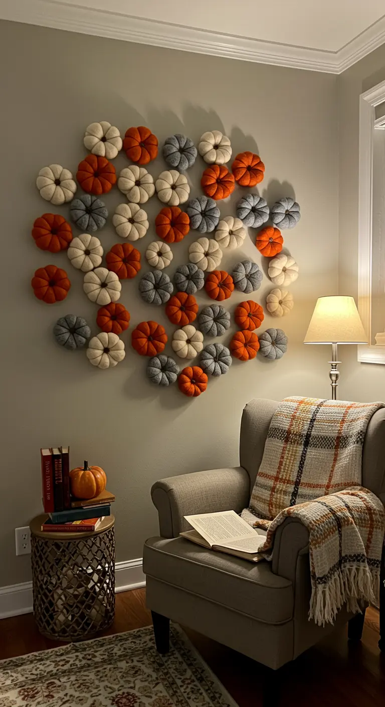 Un mur décoré d'une composition de petites citrouilles en feutre orange, gris et blanc à côté d'un fauteuil.