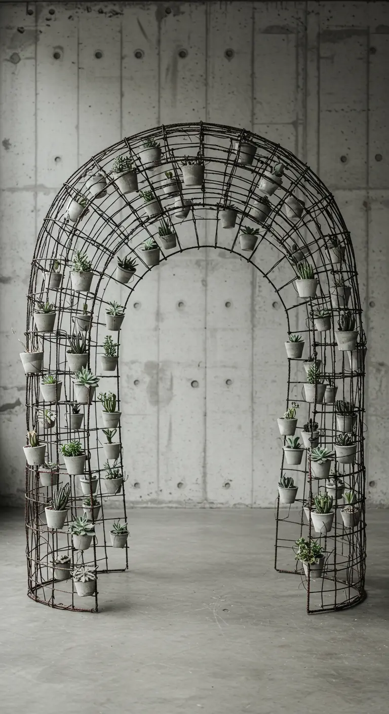 Arche en grillage métallique recouverte de dizaines de mini-pots de succulentes.
