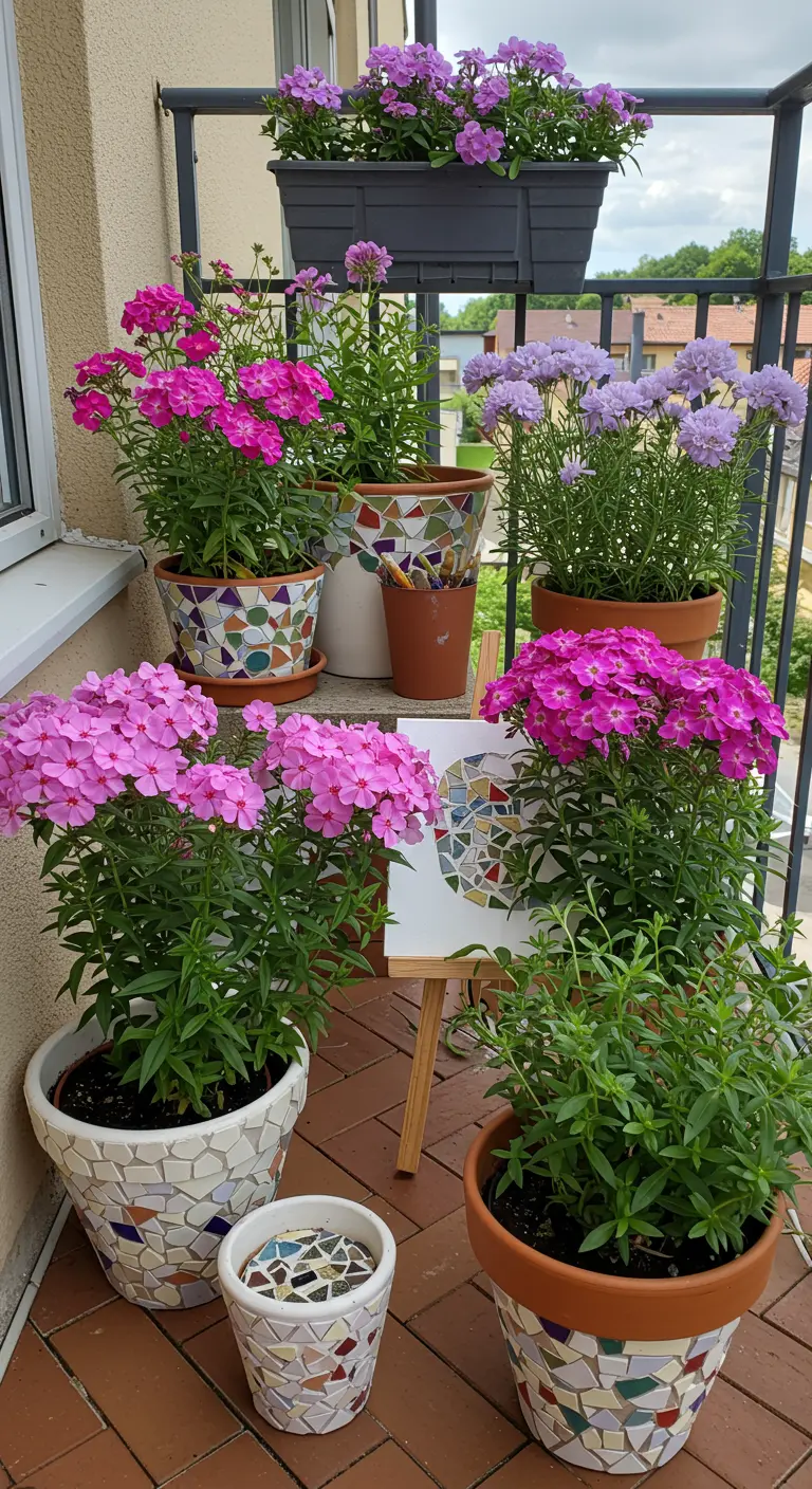 Balcon avec plusieurs pots en mosaïque remplis de phlox roses et violets, et un petit chevalet