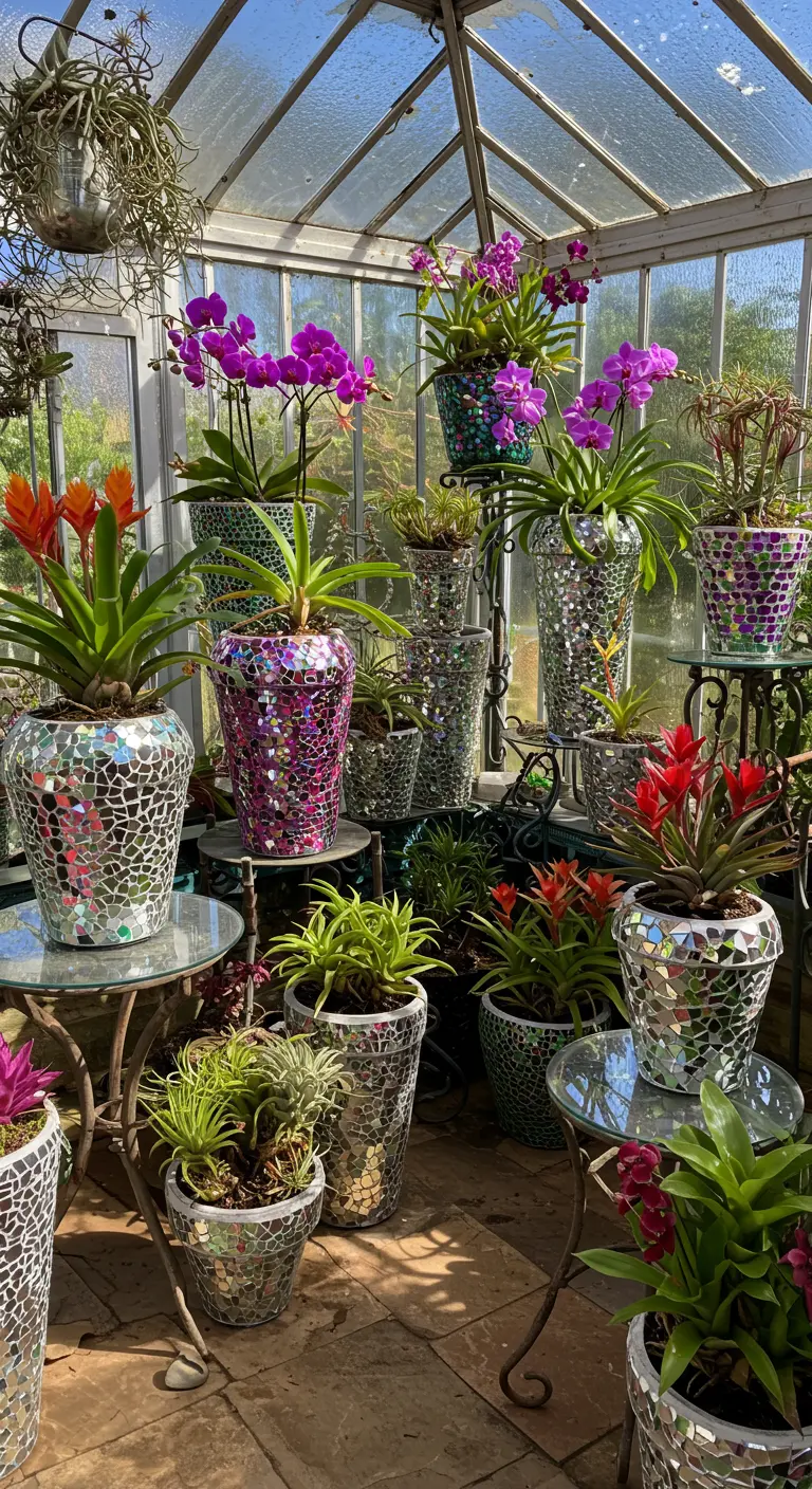 Serre remplie de plantes tropicales (orchidées, broméliacées) dans des pots décorés de mosaïques miroitantes.