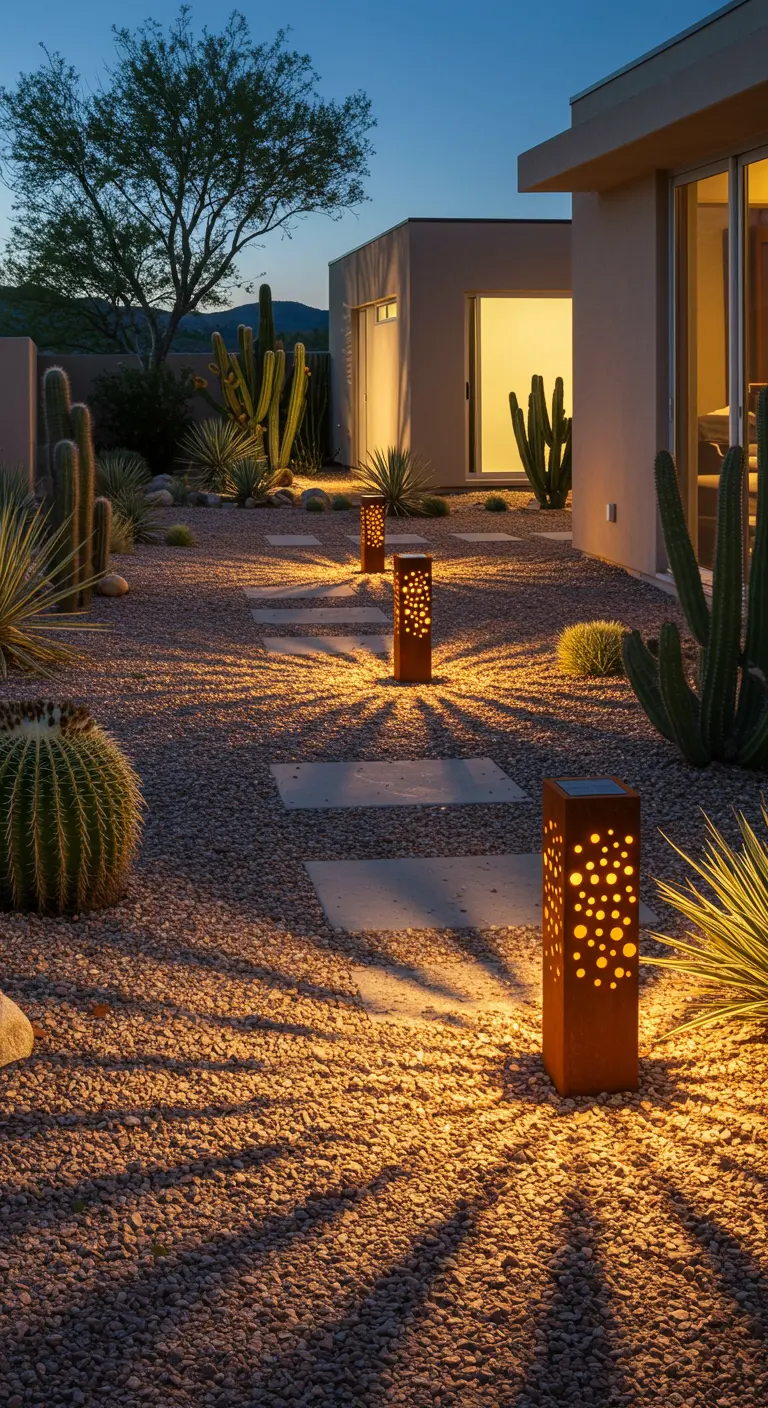 Bornes solaires en métal corten projetant des motifs lumineux dans un jardin de cactus.
