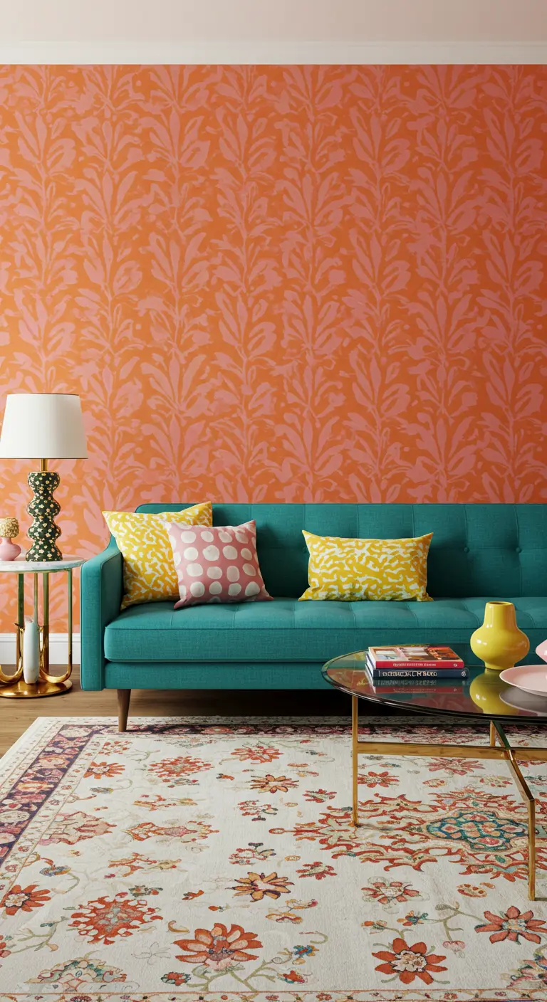 Mur orange avec des motifs végétaux roses pâle répétés au pochoir derrière un canapé turquoise.