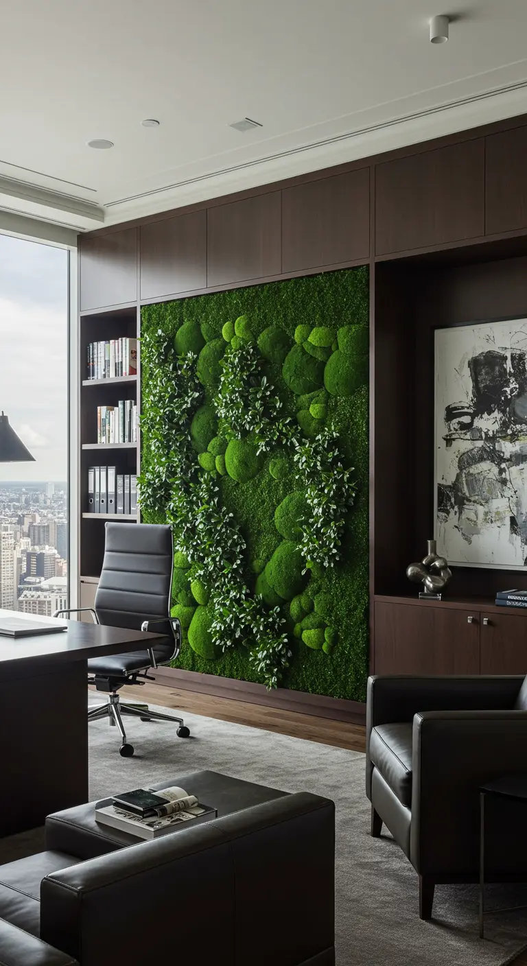 Mur de mousse et de plantes stabilisées avec des formes sculpturales au-dessus d'un bureau luxueux.