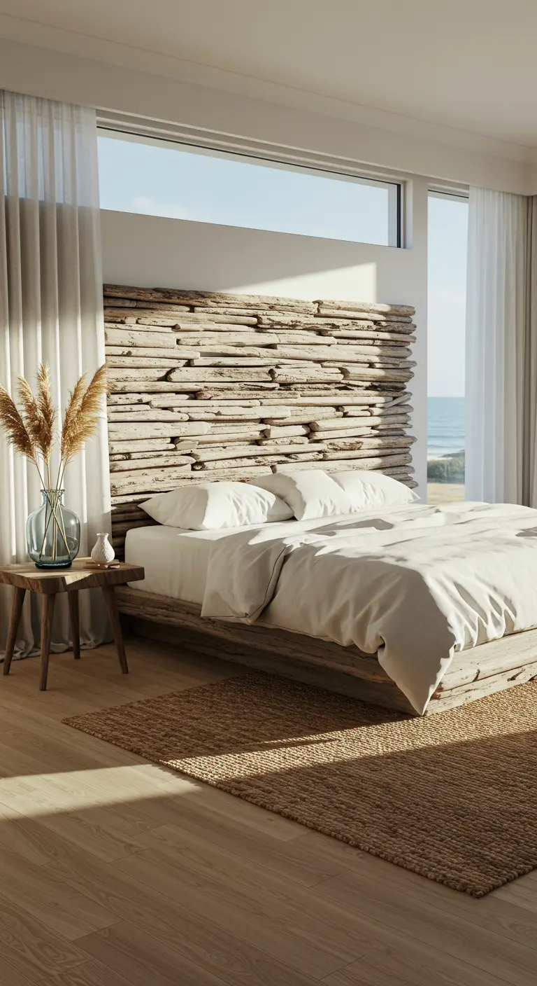 Tête de lit en bois flotté empilé horizontalement dans une chambre lumineuse.