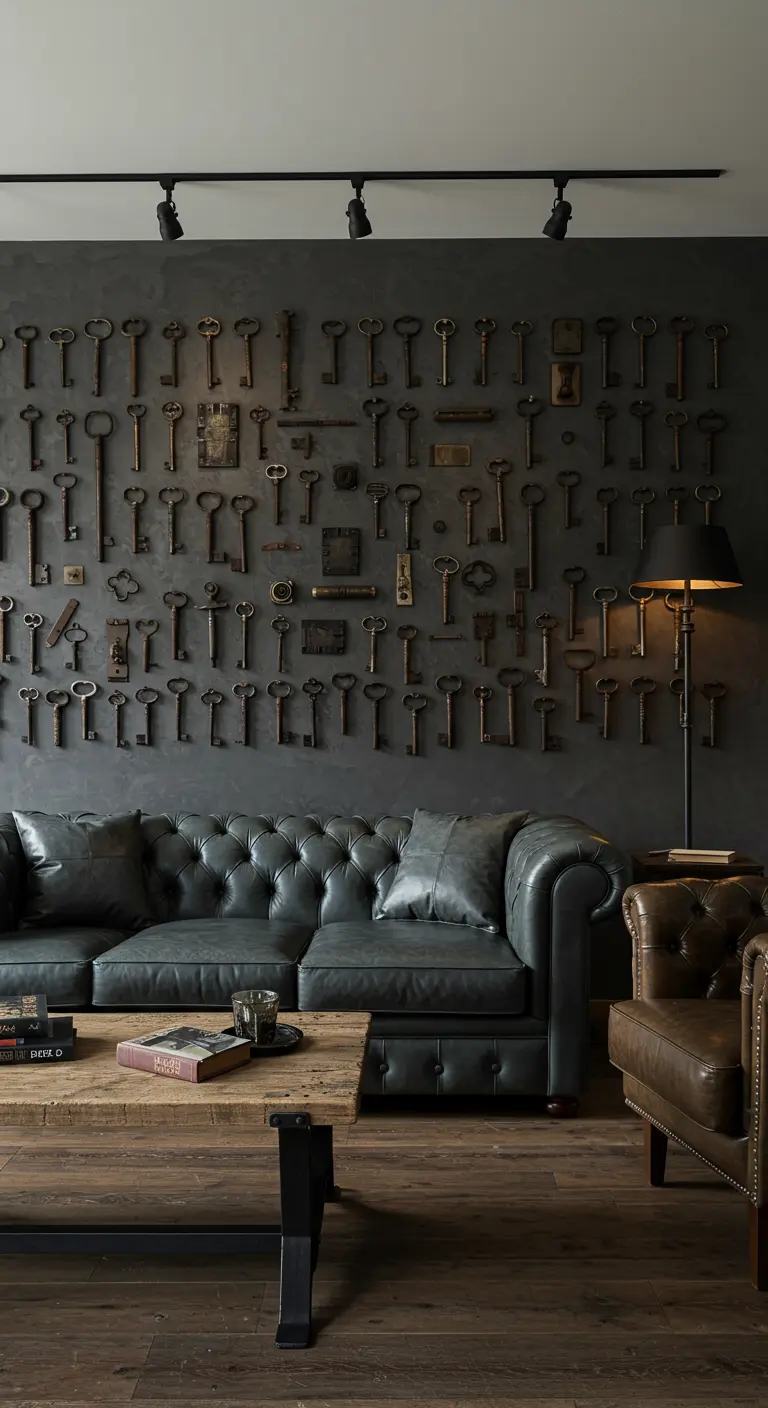 Mur gris foncé entièrement décoré de nombreuses clés anciennes en métal, au-dessus d'un canapé en cuir capitonné.