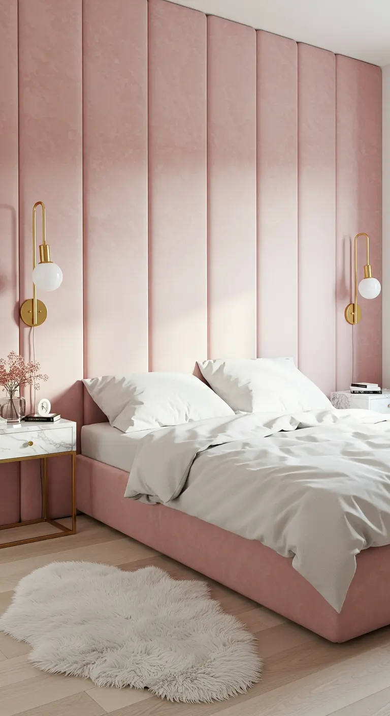 Panneaux muraux rembourrés et verticaux en velours rose poudré.
