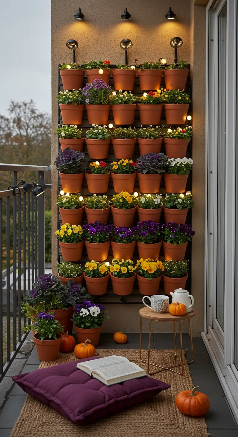 Mur végétal vertical sur balcon, avec pensées, choux ornementaux, guirlandes lumineuses et spots.