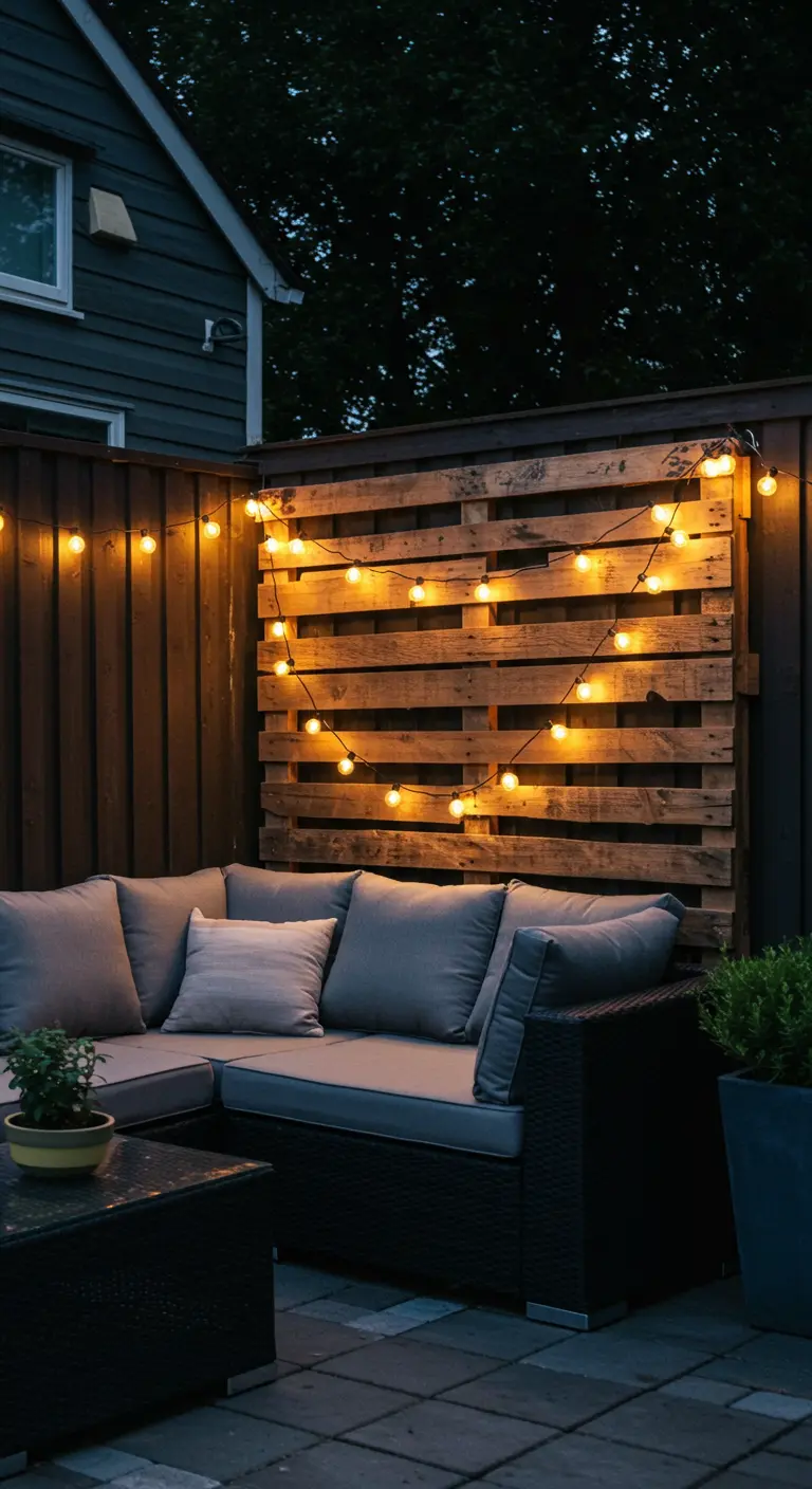 Palette en bois fixée à un mur, décorée d'une guirlande guinguette.