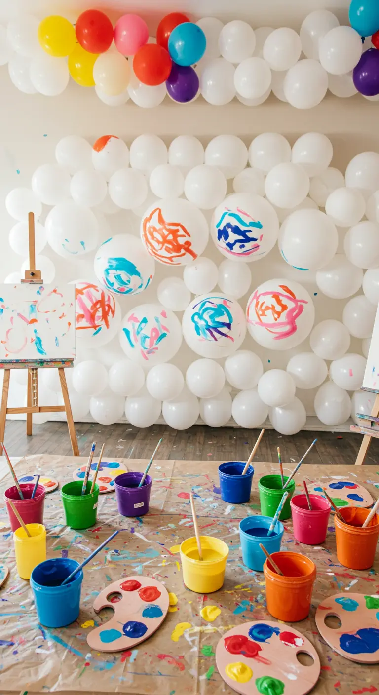 Mur de ballons blancs sur lesquels des invités ont peint des motifs colorés.