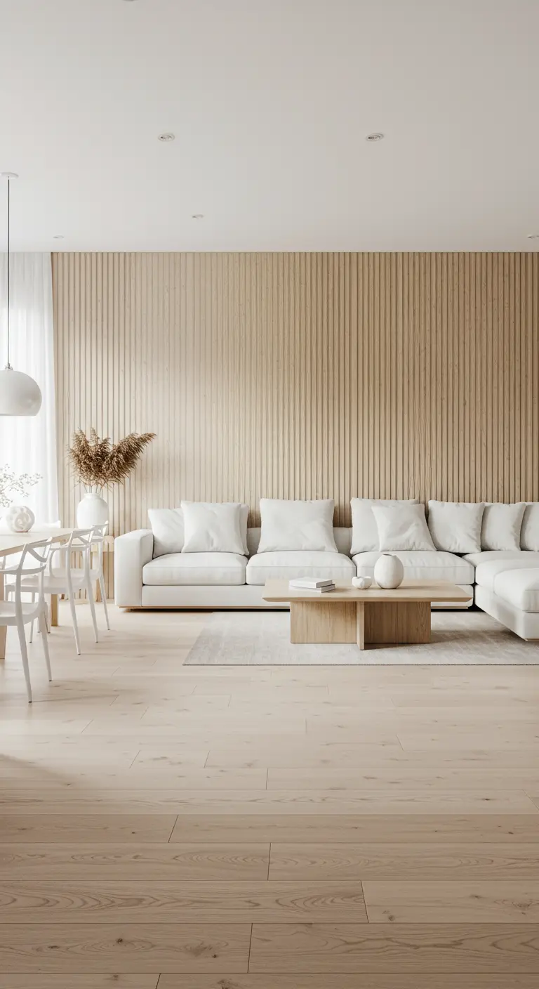 Salon moderne avec mur lambrissé en bois clair, canapé blanc, table basse organique et tapis clair.