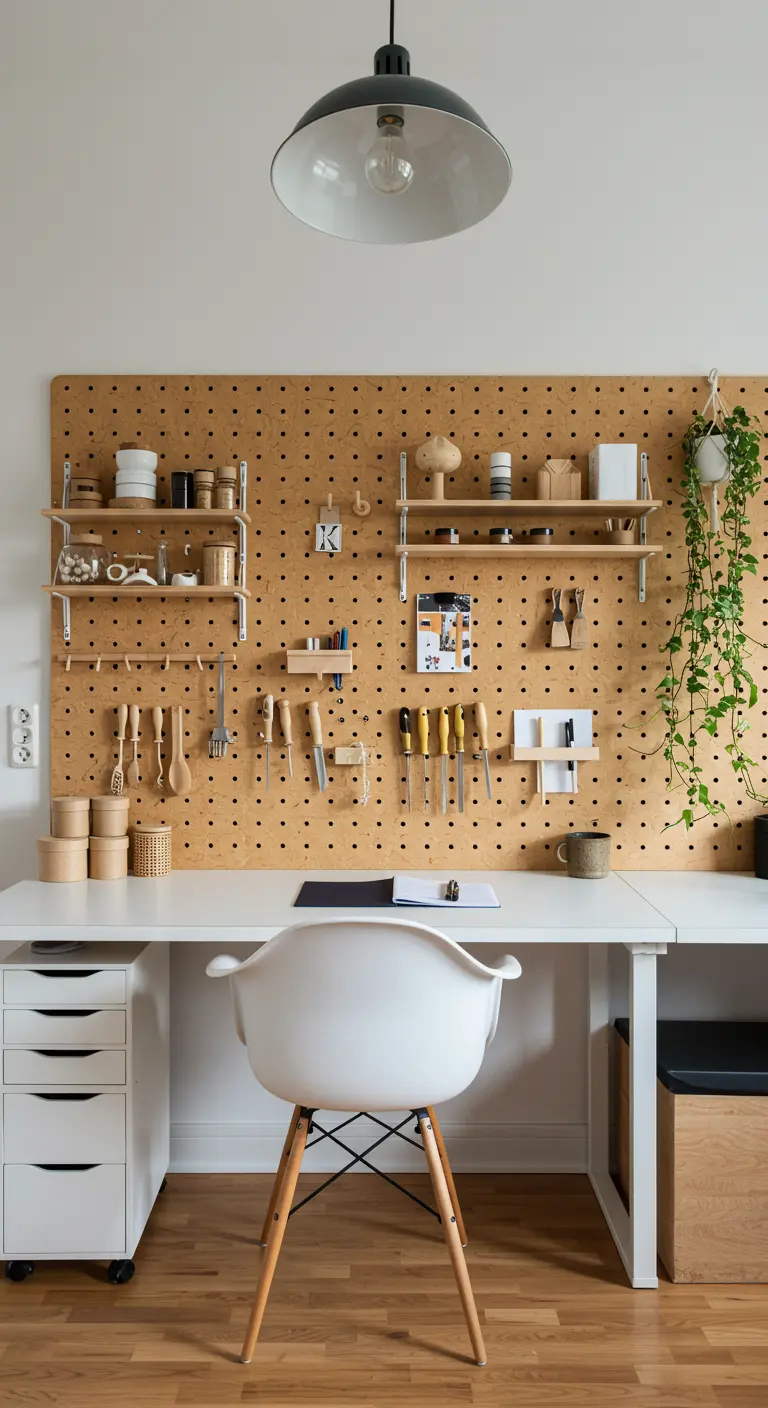 Grand panneau mural perforé au-dessus d'un bureau blanc avec de nombreux accessoires de rangement
