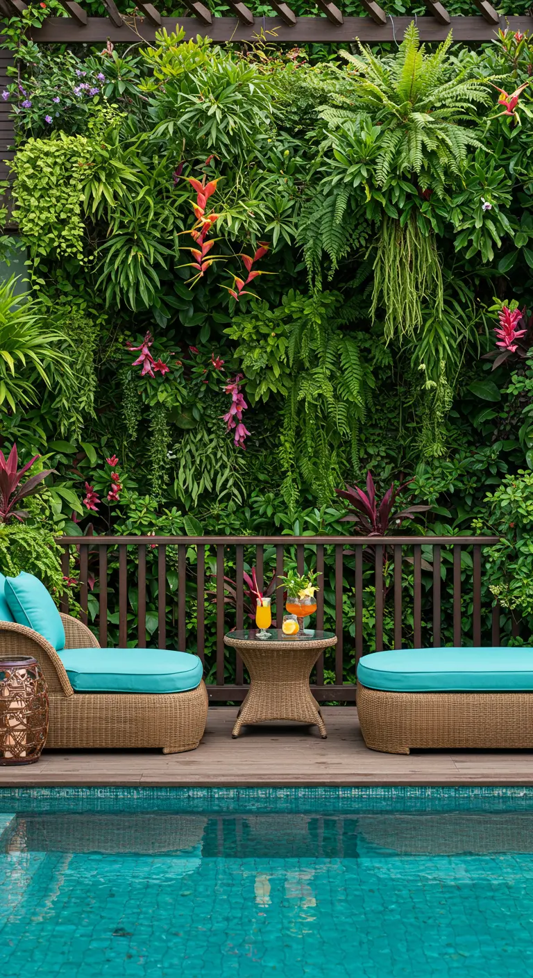 Mur végétal luxuriant avec fleurs rouges et roses, au bord d'une piscine avec mobilier bleu.