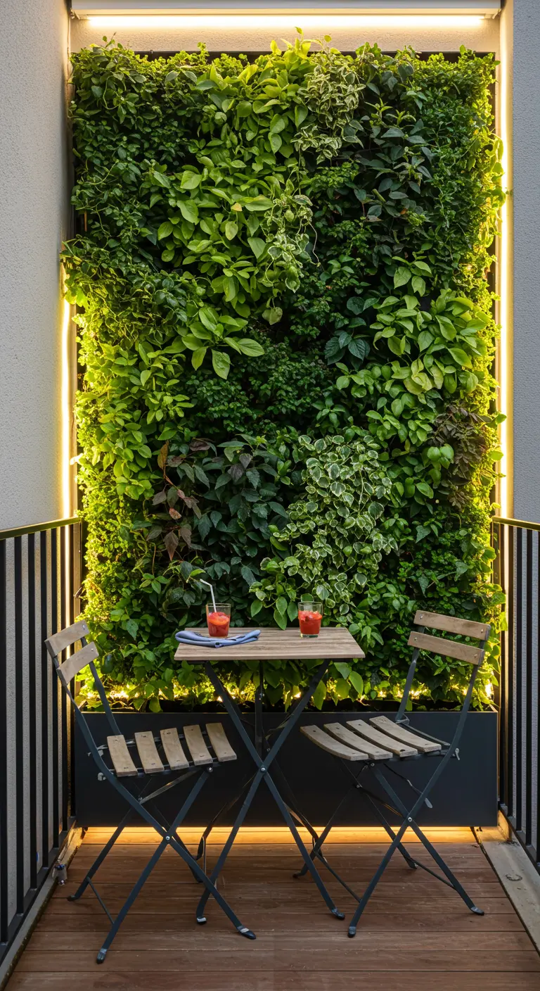Petit balcon avec un mur végétal vertical rétroéclairé par des bandes LED.