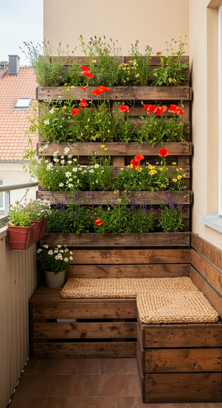 Balcon avec mur végétal en palettes, plantes colorées (pavots, marguerites) et banc intégré.
