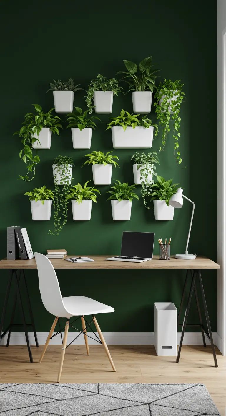 Mur vert foncé avec des jardinières blanches suspendues et des plantes vertes variées au-dessus d'un bureau.