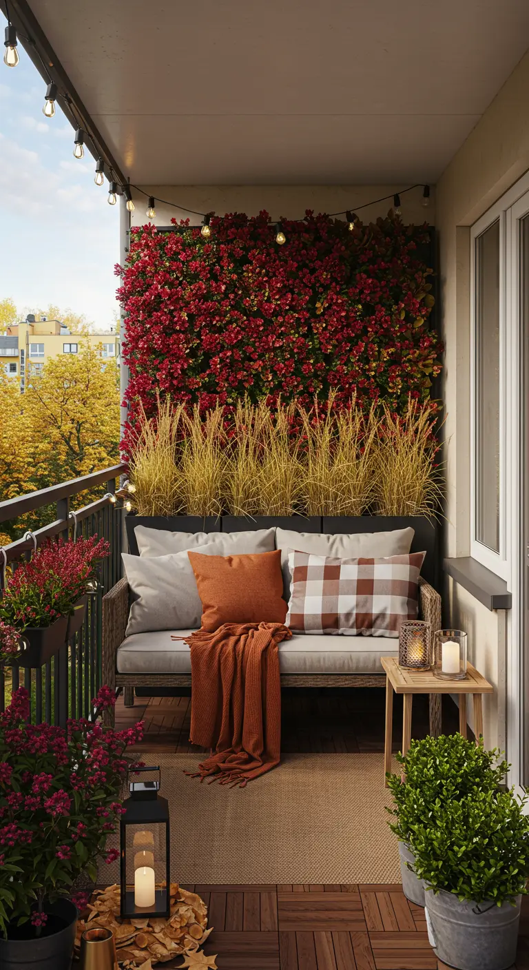 Balcon avec mur végétal rouge, herbes ornementales, banc confortable, lanternes et guirlande lumineuse.