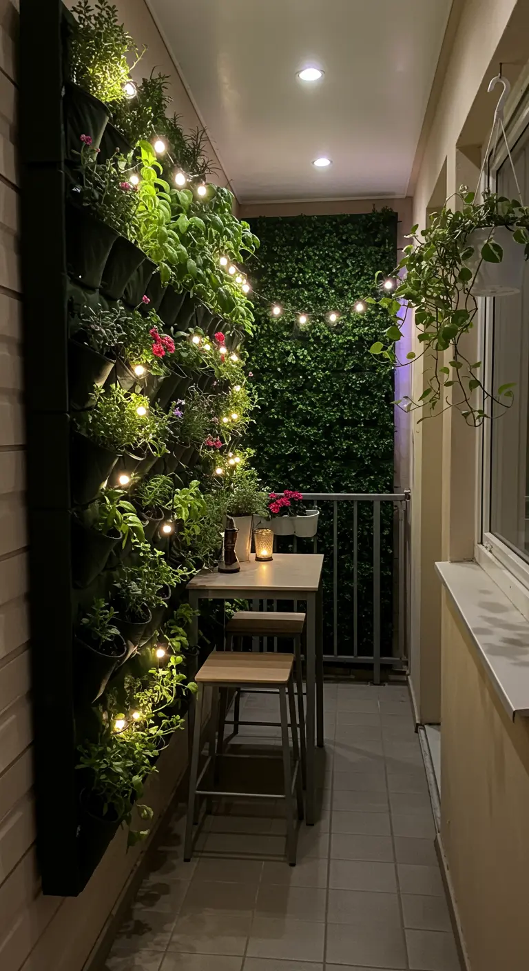 Mur végétal avec des herbes aromatiques et des fleurs, éclairé par une guirlande.