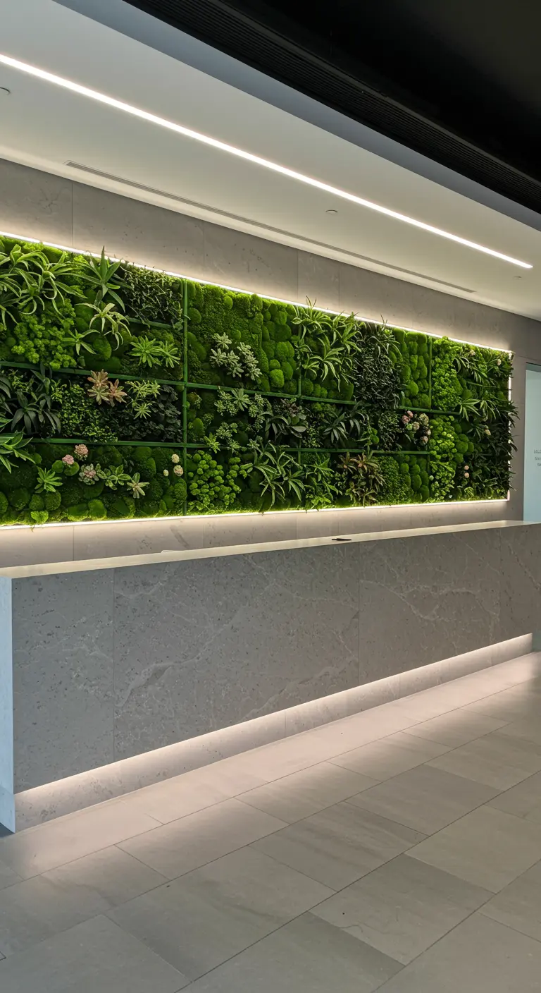 Mur végétal et de mousse variée derrière un comptoir de réception moderne éclairé par des LED.