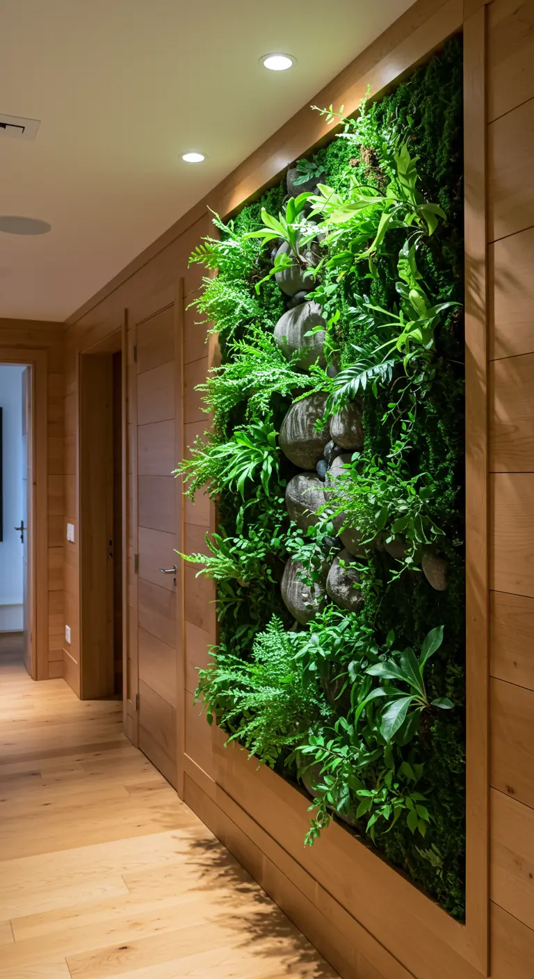 Grand mur végétal luxuriant avec fougères, plantes et roches, encadré par un mur en bois clair.