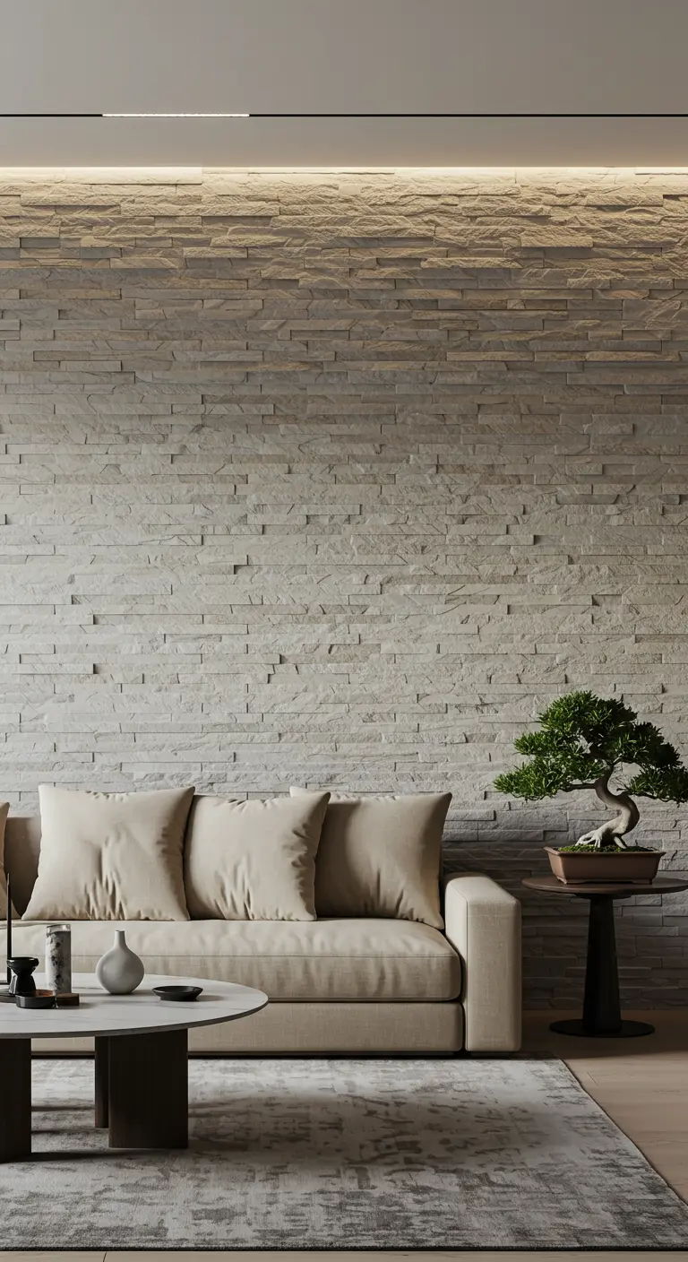 Salon minimaliste avec un mur d'accent en pierres claires et un bonsaï.