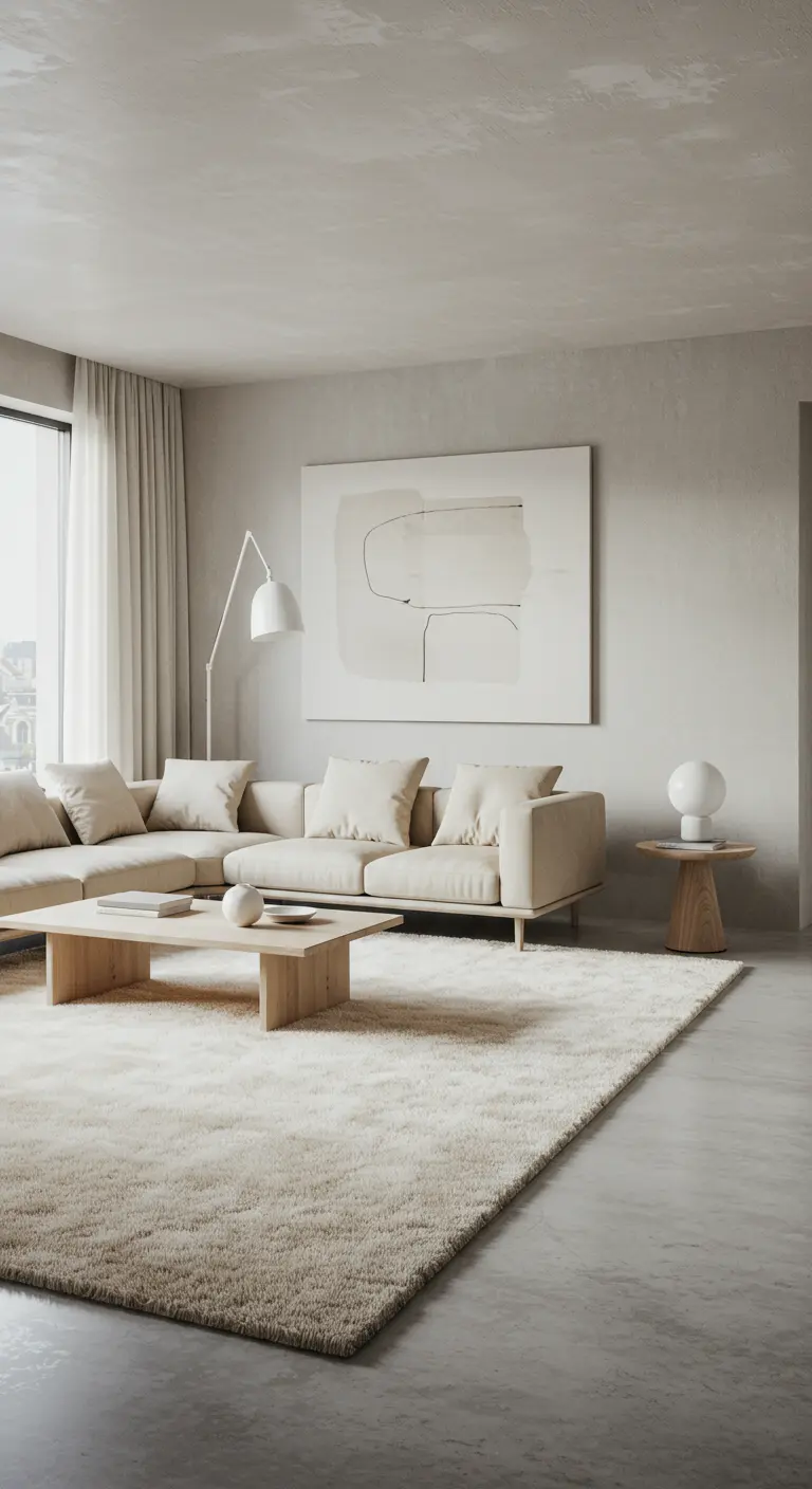 Salon minimaliste avec murs texturés, grand tapis crème et mobilier épuré.