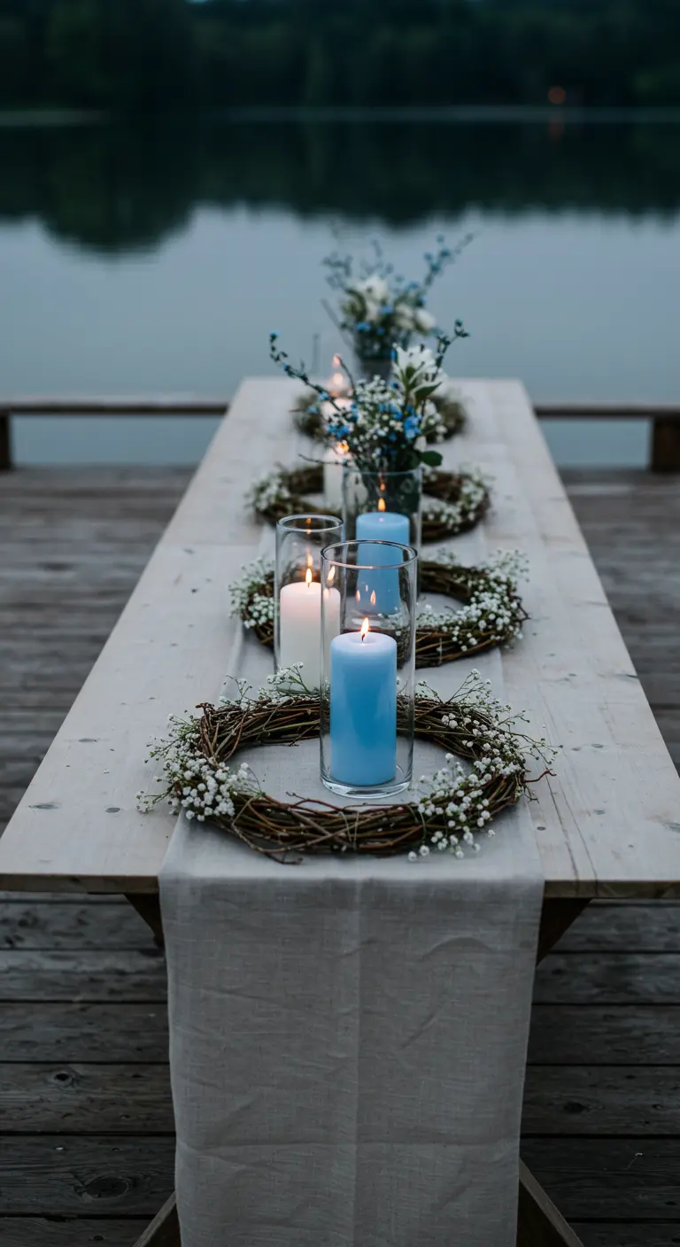 Table sur un ponton avec des couronnes de gypsophile et des bougies bleues