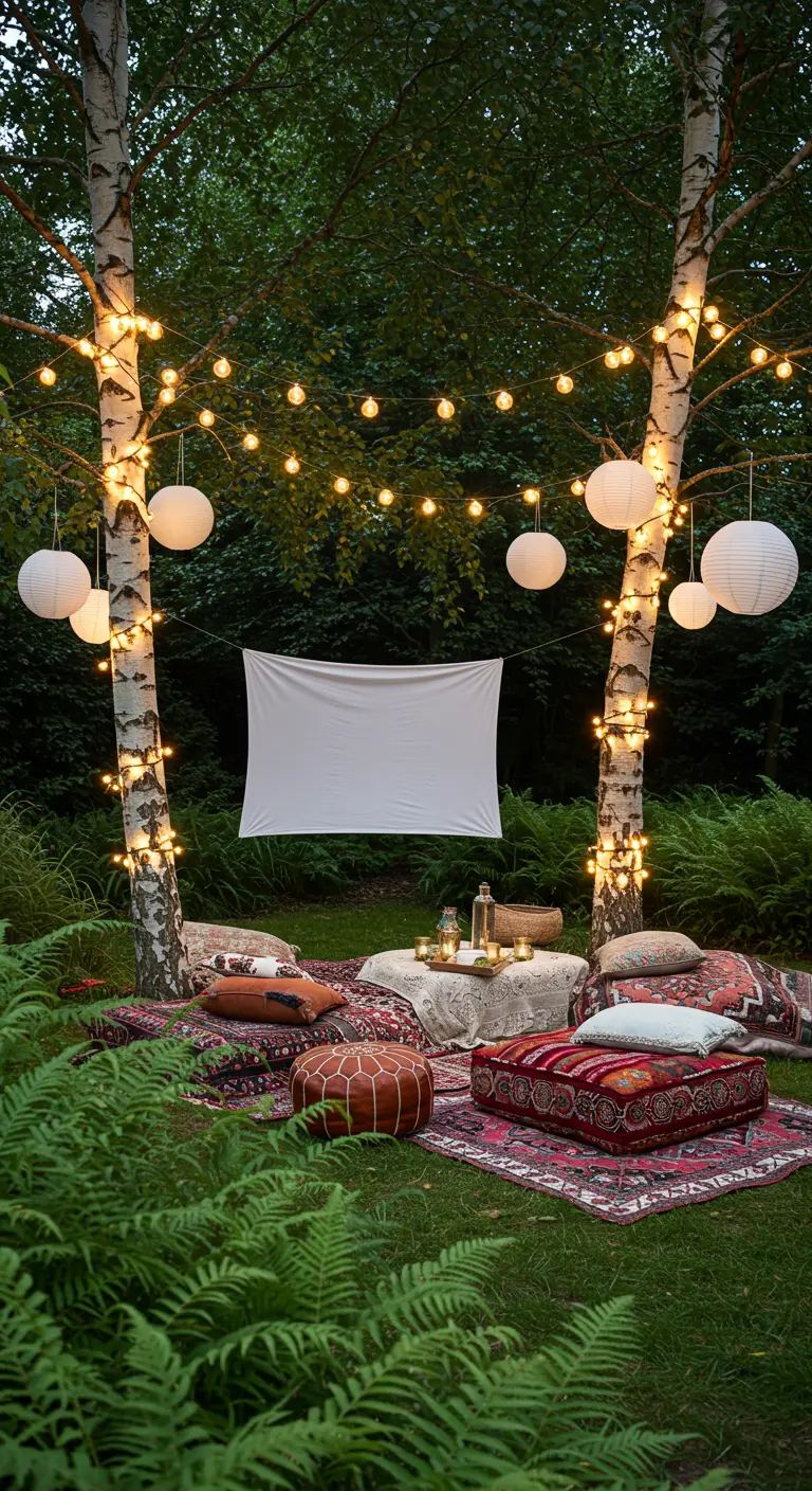 Cinéma en plein air bohème avec lampions, guirlandes et tapis entre deux arbres.