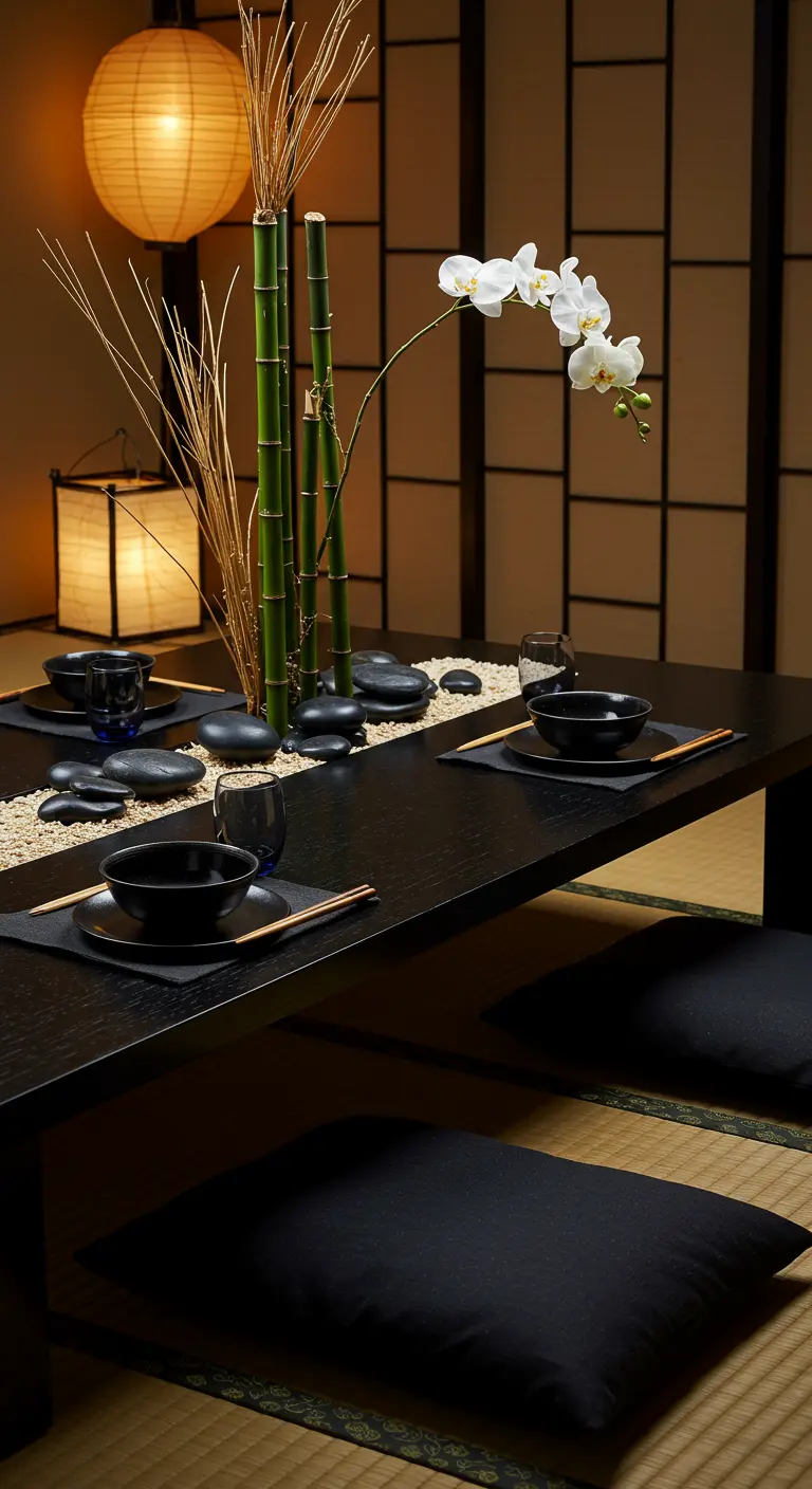 Table basse d'inspiration japonaise avec des galets, du bambou et une orchidée.