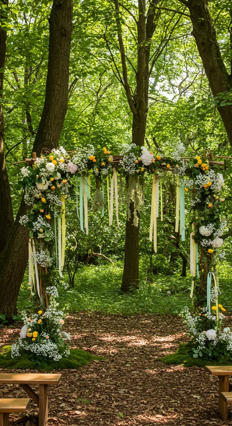 Arche de mariage rustique en bois décorée de fleurs et rubans dans une forêt.