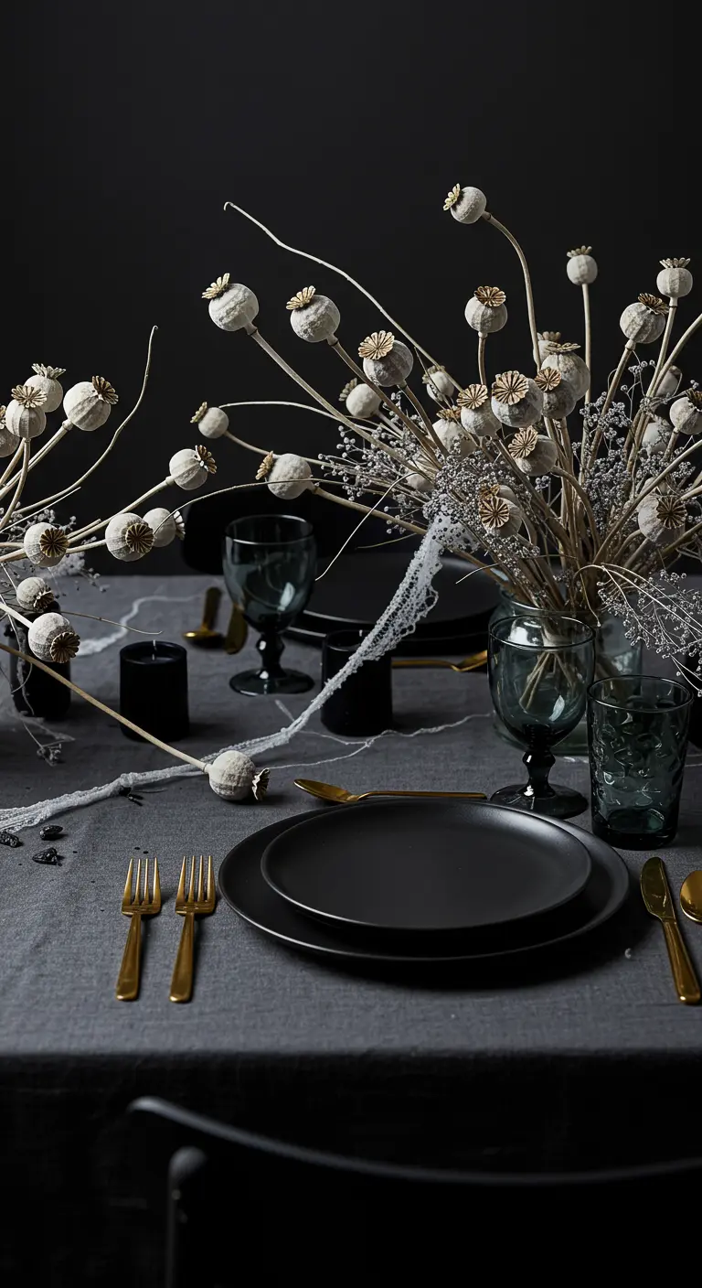 Centre de table composé de capsules de pavot séchées avec de la fausse toile d'araignée.