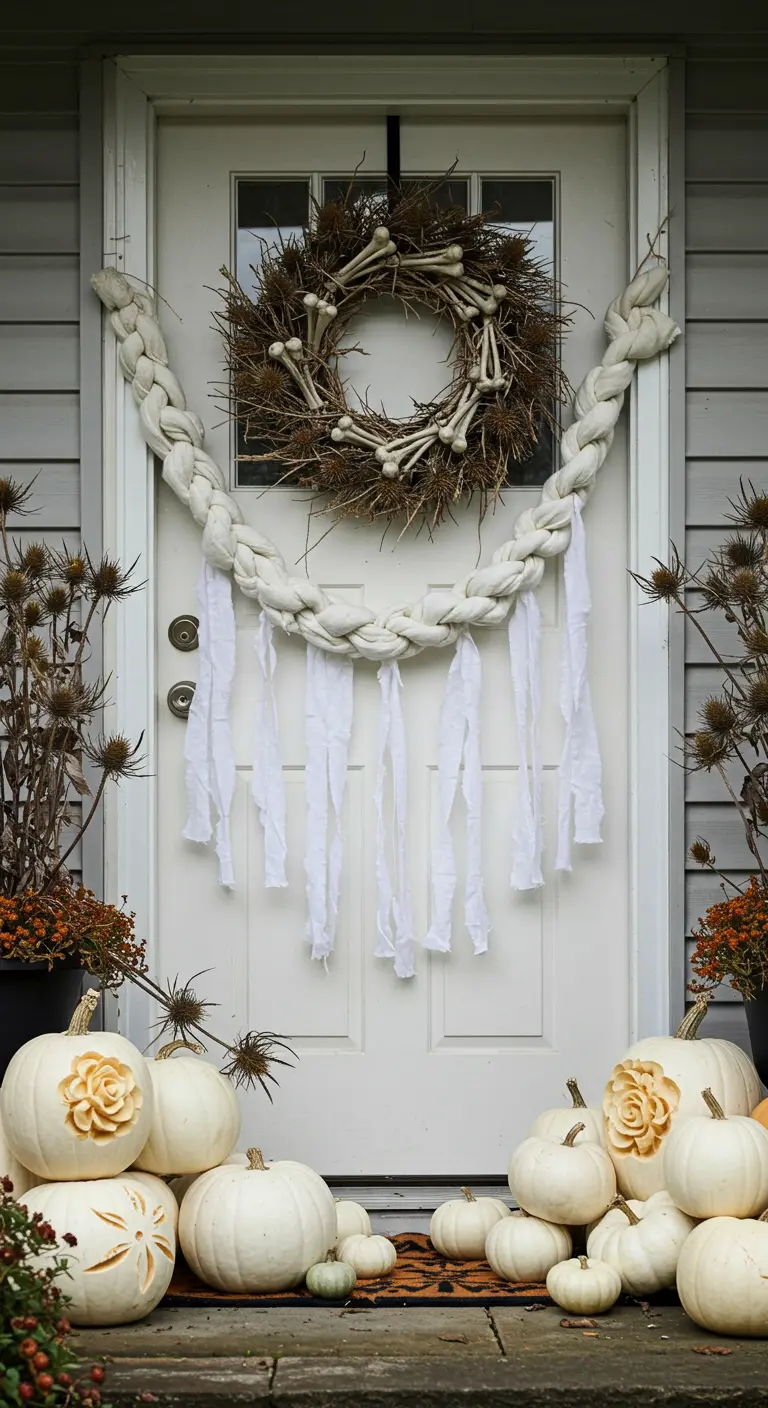 Porte blanche avec couronne d'os, guirlande tressée blanche et citrouilles blanches.