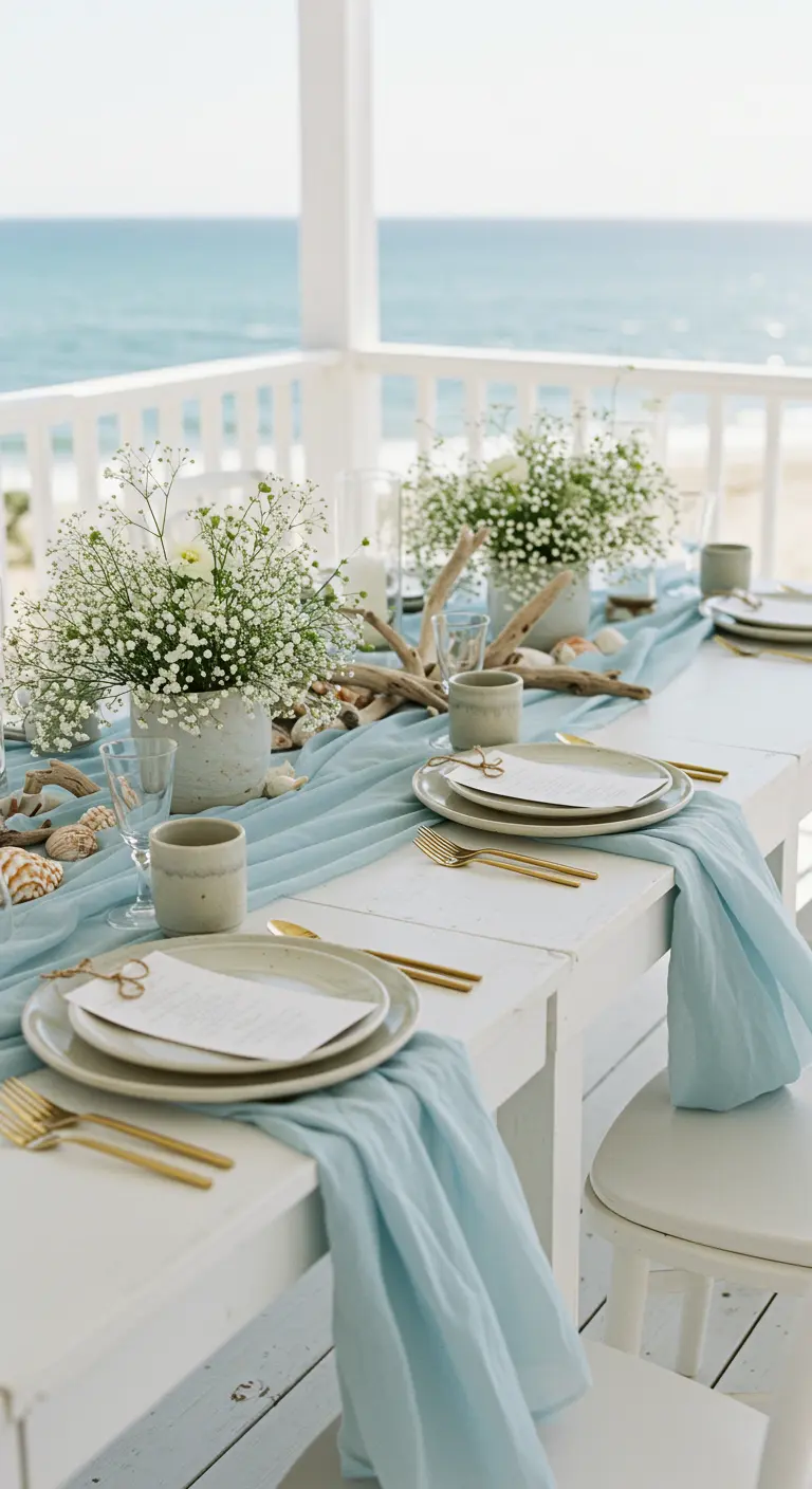 Table de mariage en bord de mer avec chemin de table bleu, vaisselle en grès et bois flotté.
