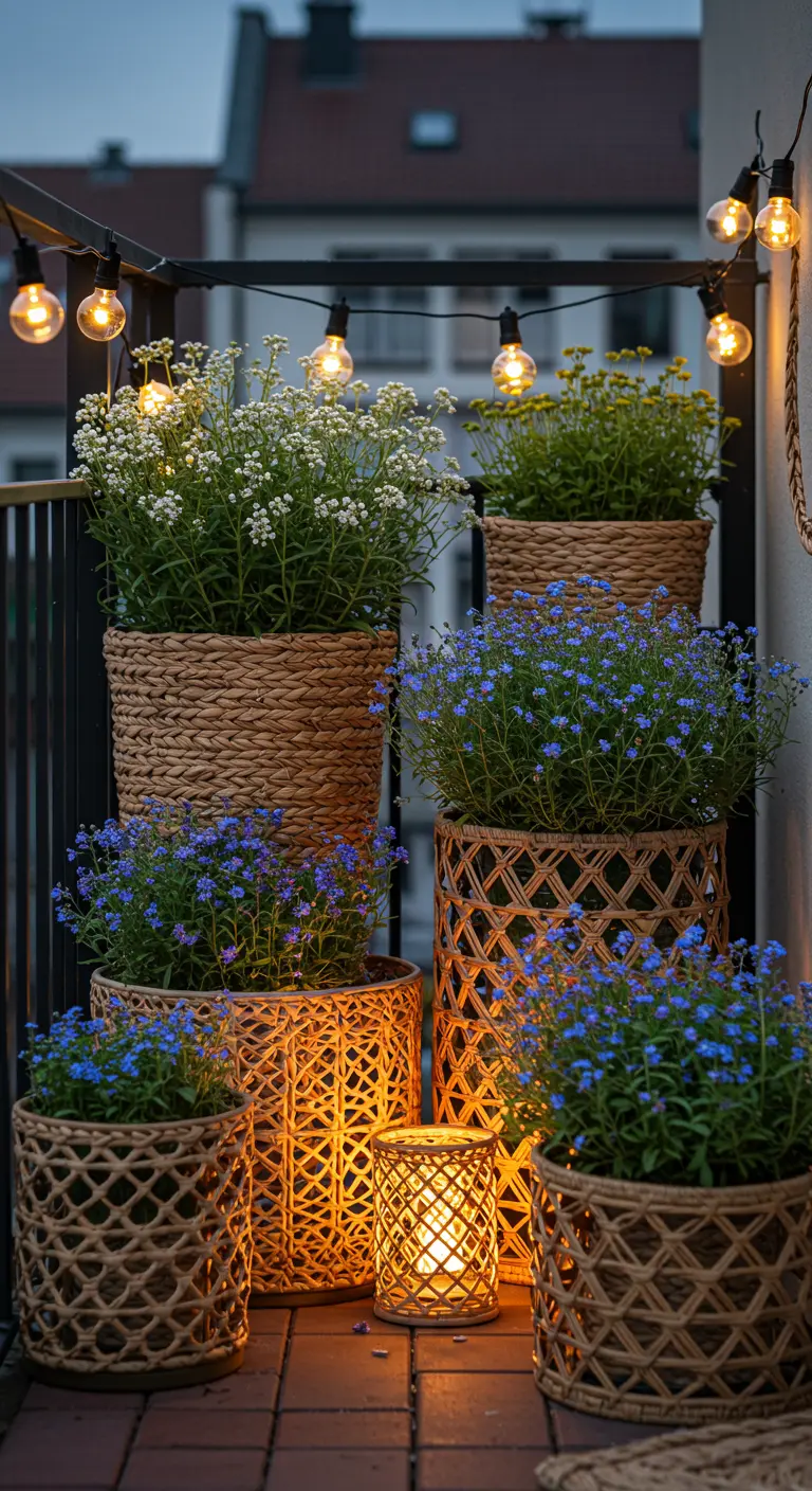 Balcon de nuit avec paniers en osier fleuris, guirlandes lumineuses et lanterne.