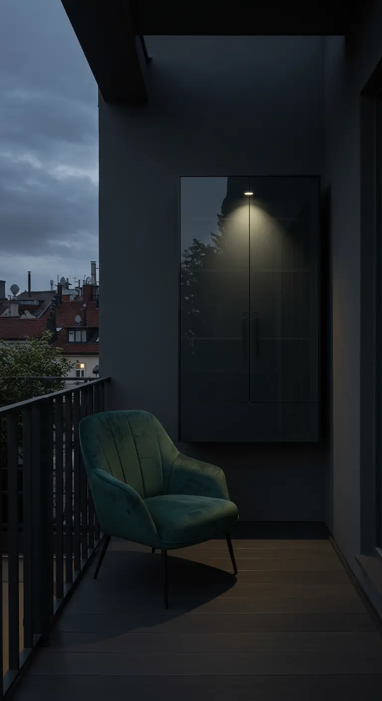 Armoire murale sombre et élégante sur un balcon la nuit.