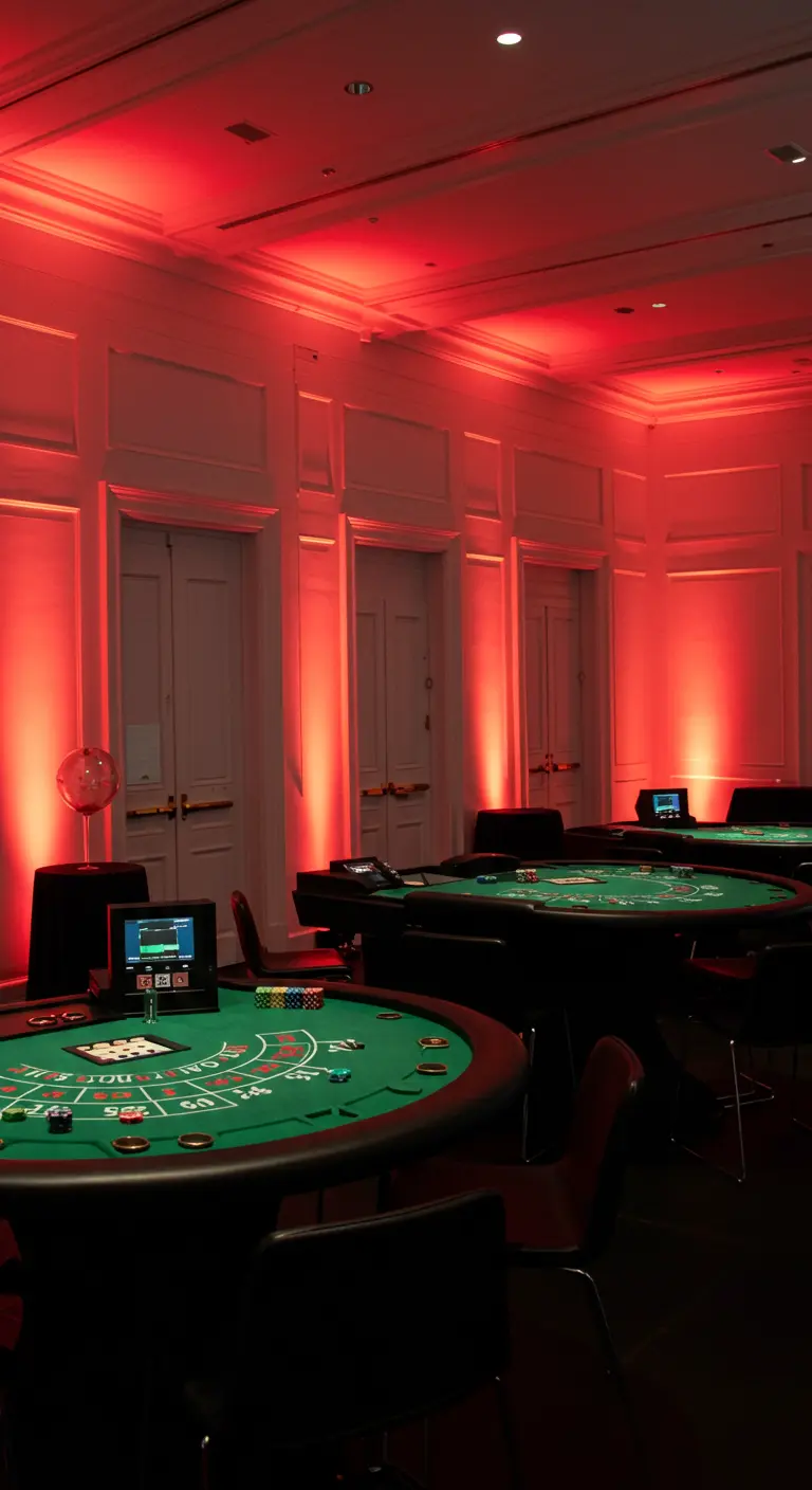 Tables de jeu dans une salle aux murs blancs éclairés par une lumière rouge.