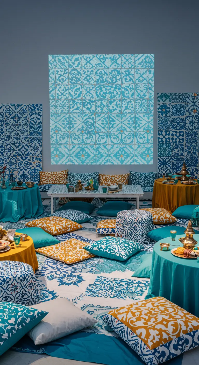 Salon oriental où des motifs de carreaux bleus sont projetés sur les murs.