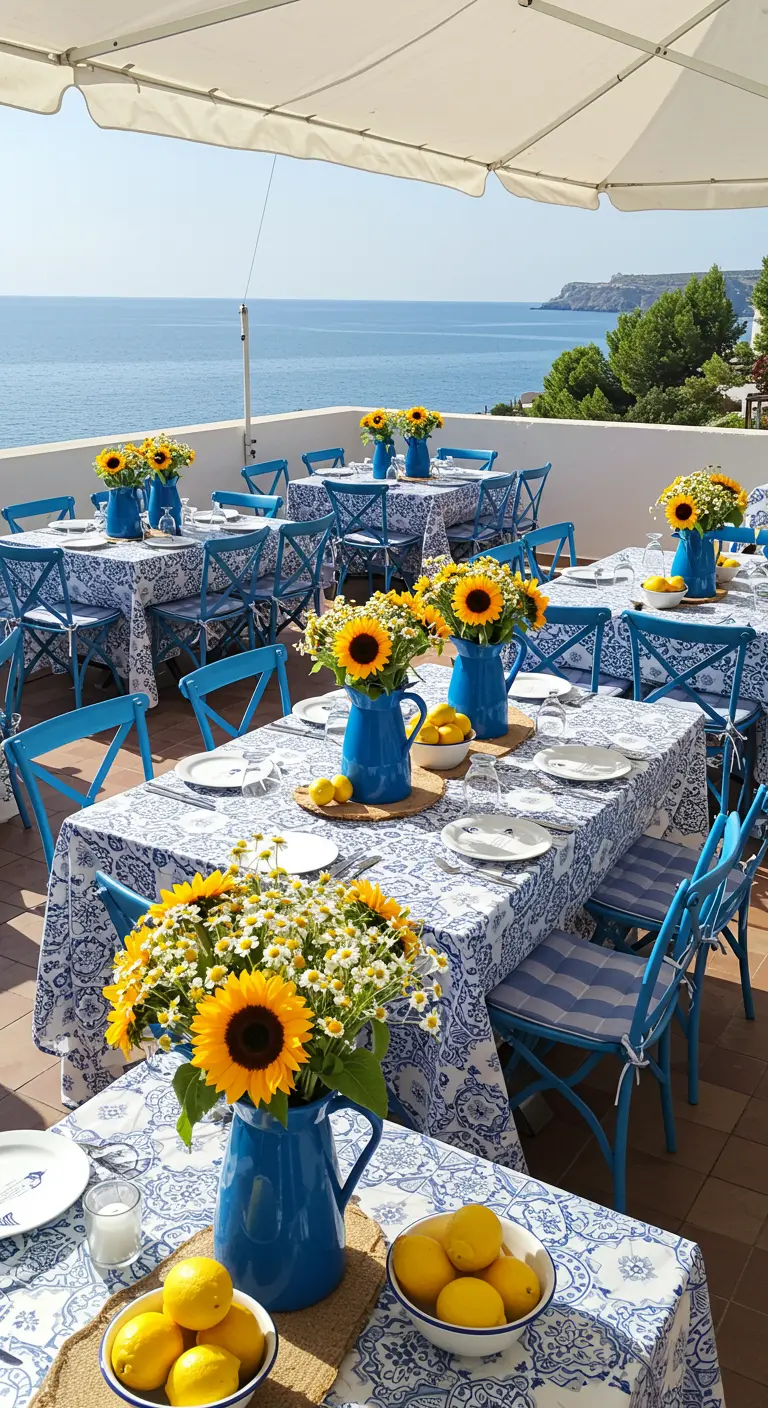 Tables avec nappes bleues et blanches, tournesols dans des pichets bleus vue mer.