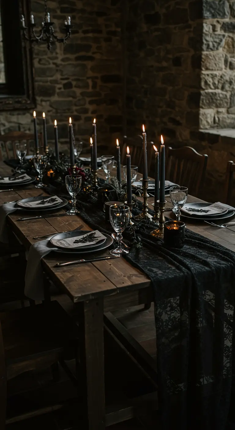 Table en bois rustique avec de hautes bougies noires et de la dentelle.