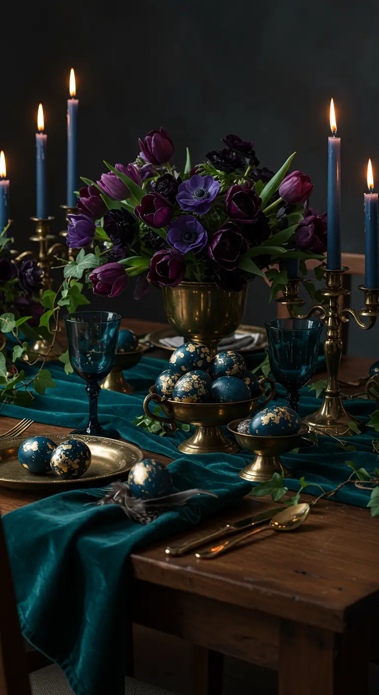 Table de Pâques sombre et luxueuse avec des fleurs violettes, des bougies et du velours.
