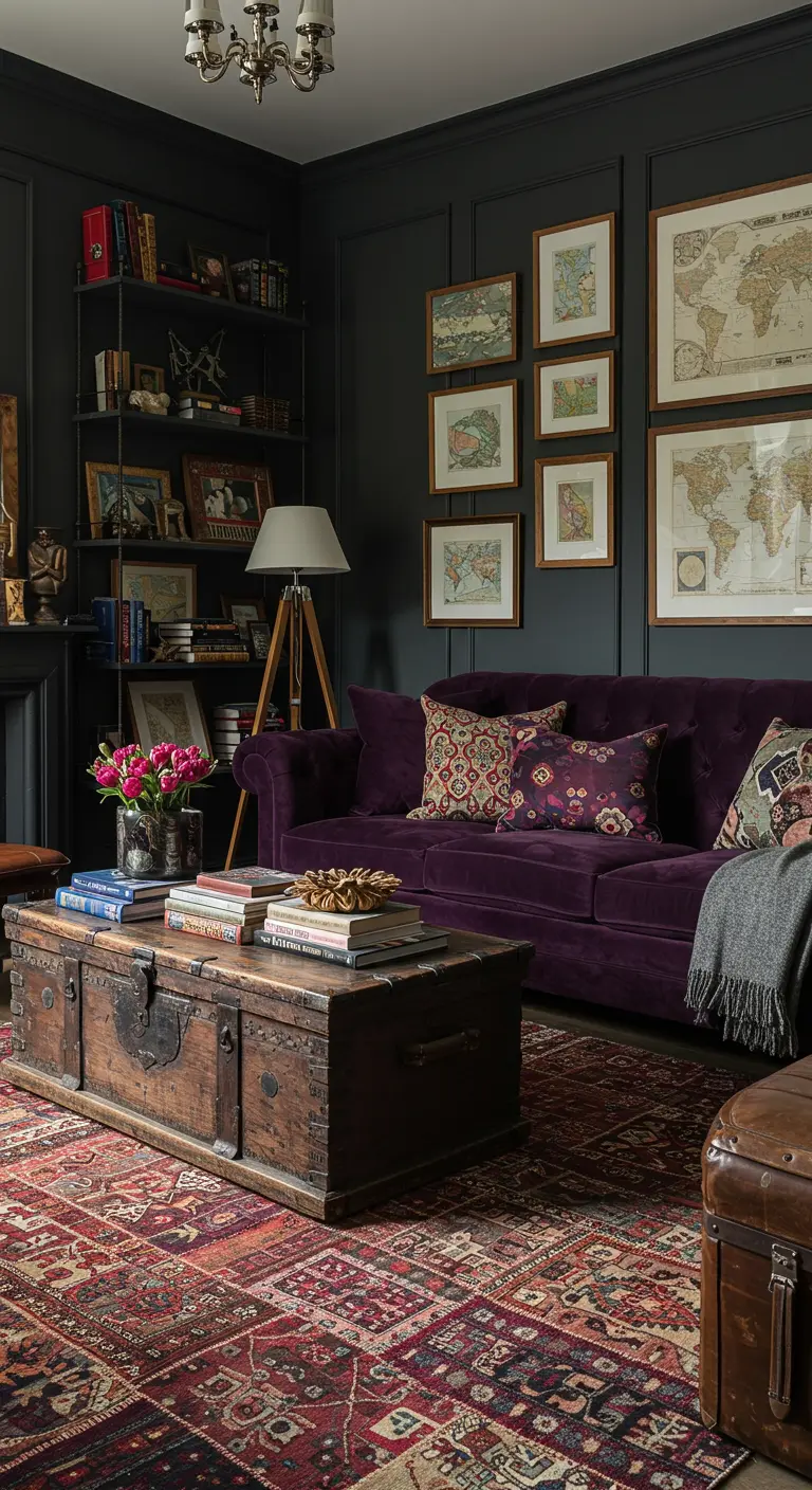 Salon sombre avec canapé en velours violet, tapis oriental, malle antique comme table basse et mur de cadres.