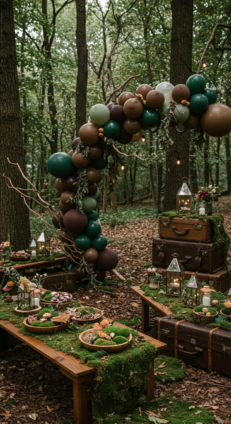 Fête d'anniversaire en forêt avec arche de ballons bruns et verts, mousses et lanternes.