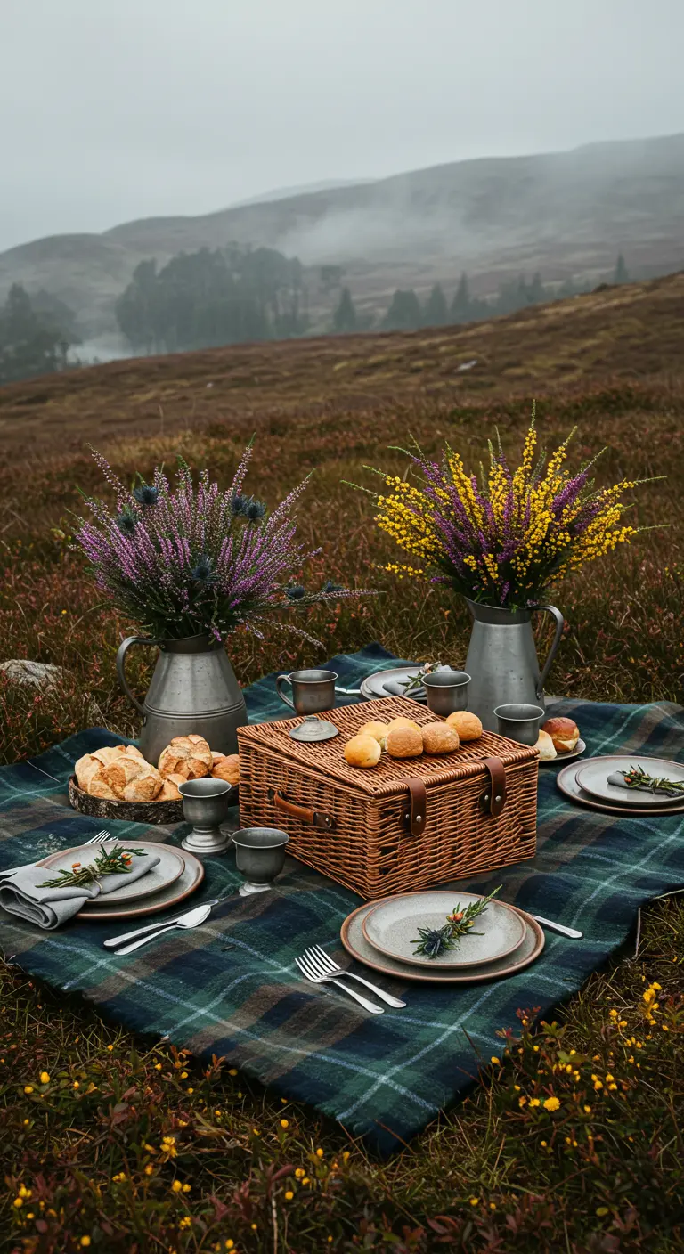 Pique-nique en terres sauvages avec couverture tartan, bruyères, chardons et vaisselle en étain.