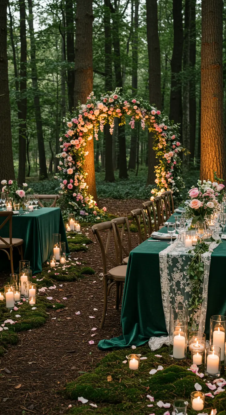 Dîner intime en forêt avec arche fleurie illuminée, table avec nappe émeraude et de nombreuses bougies.