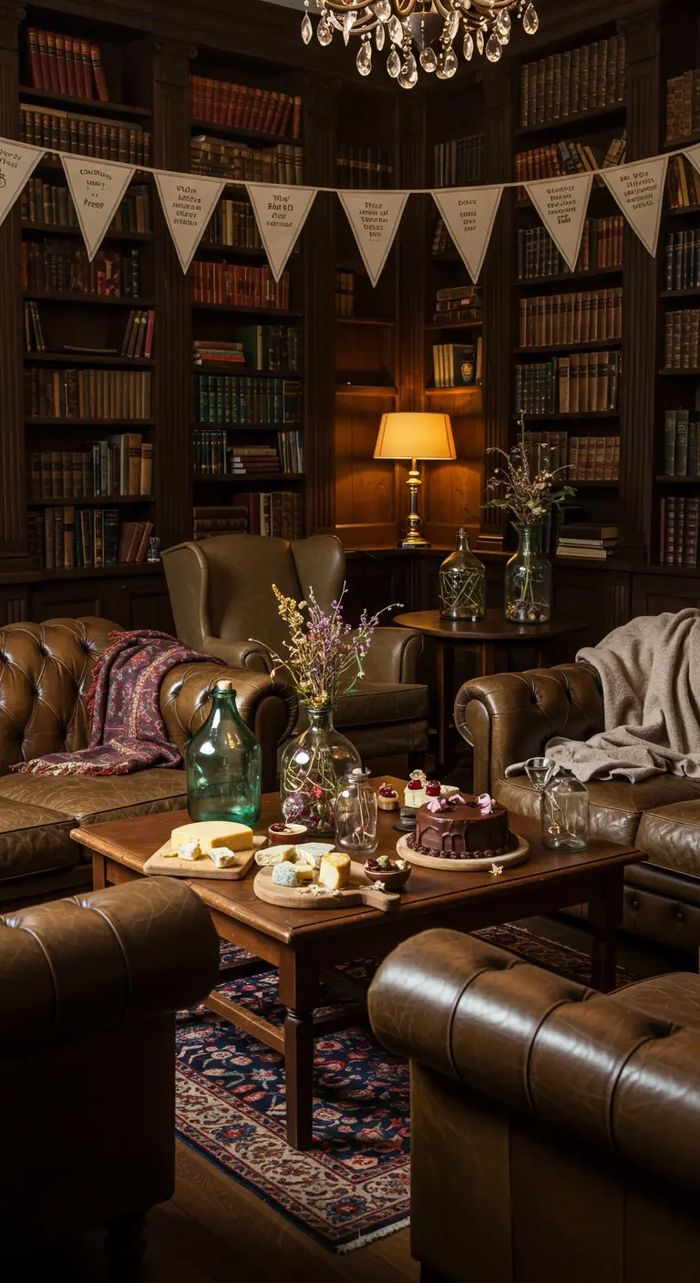 Fête dans une bibliothèque avec fauteuils en cuir, table basse et guirlande.