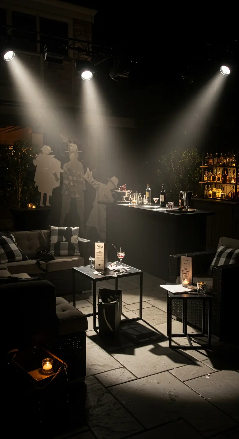 Ambiance de film noir avec des spots lumineux, un bar à cocktails et des silhouettes.
